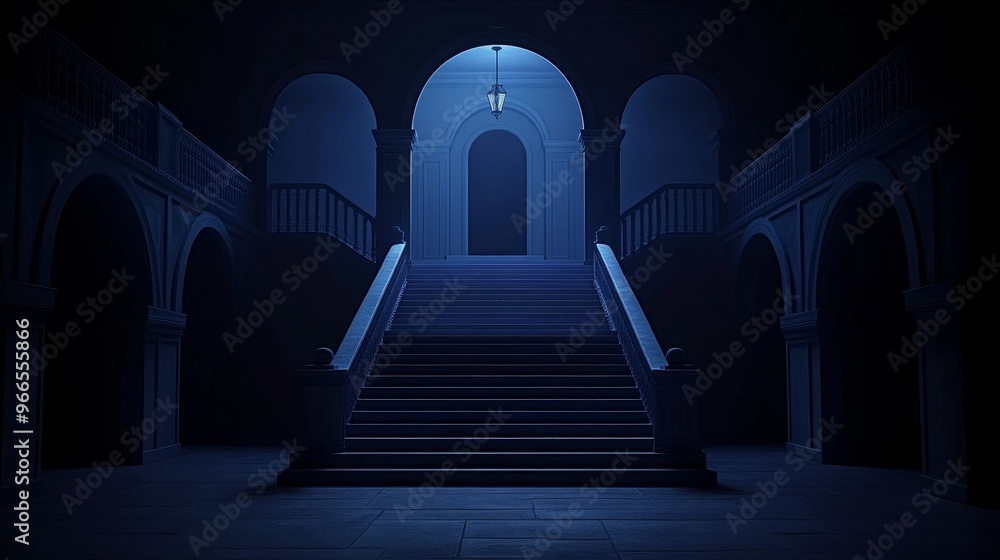 Poster a dark stairway illuminated by a lantern, creating a mysterious atmosphere in an architectural space