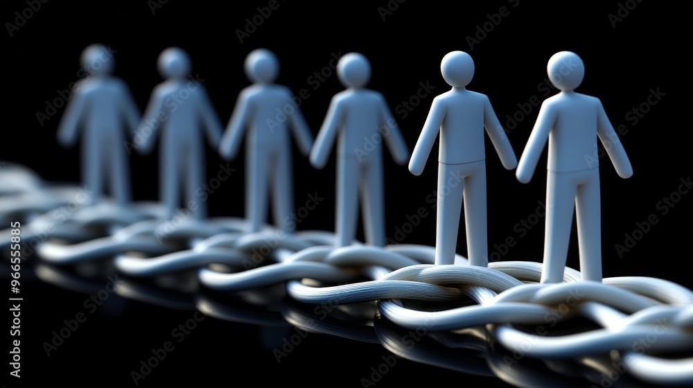 Poster a creative illustration of figurines standing on a chain, symbolizing unity and connection in a mode