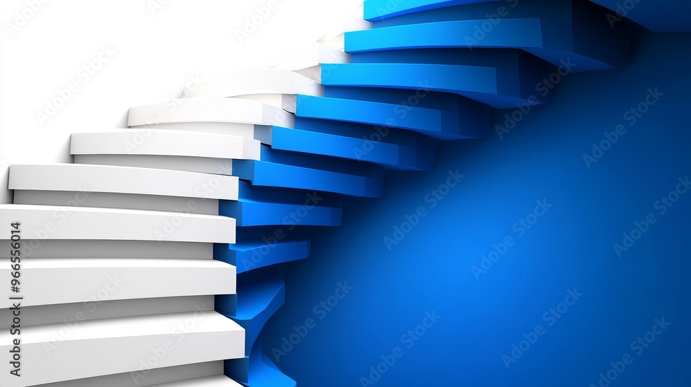 Poster a dynamic staircase design featuring blue and white steps, symbolizing progress and movement towards