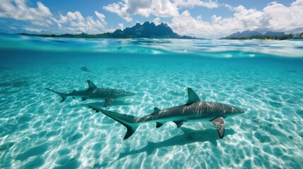 Obraz premium Sharks Swimming in Crystal Clear Water