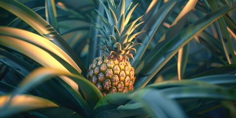Obraz premium Pineapple growing on a pineapple plant with its distinctive crown
