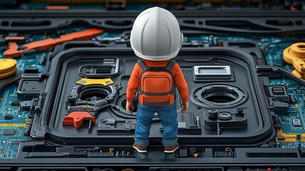 A miniature figure in a hard hat examines a detailed electronic circuit board, symbolizing innovation and technology.