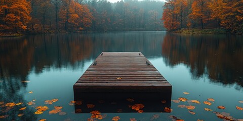 Wooden Dock Extending into a Calm Autumnal Lake