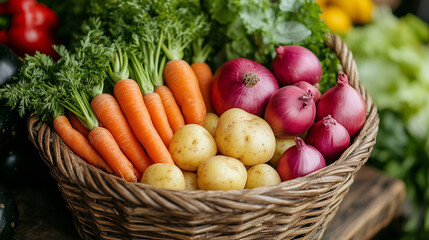 Fototapeta premium A basket filled with a variety of farm-fresh vegetables, including carrots, onions, and potatoes, on a farm table.