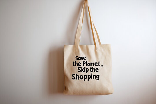 Canvas tote bag hanging on a plain wall with the message "Save the Planet, Skip the Shopping". Concept of sustainability, eco-friendly living, and minimalism, suitable for Make Friday Green Again