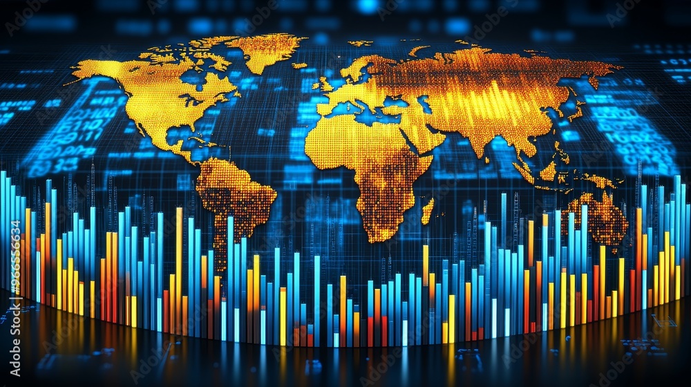 Poster a vibrant digital world map with colorful data bars, illustrating global statistics and analytics in