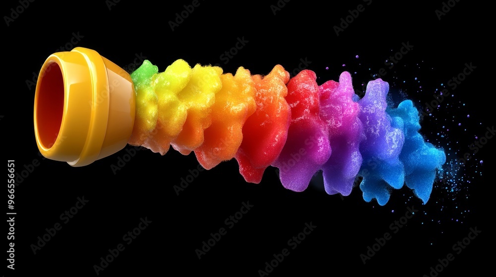 Poster a vibrant display of colorful paint splashing from a nozzle against a dark background, perfect for a
