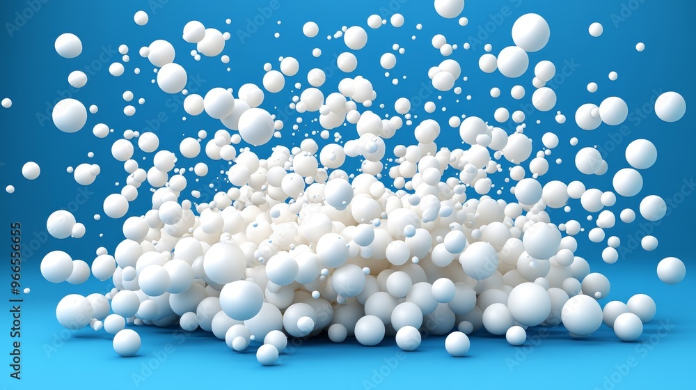 Poster a vibrant display of white spheres bursting against a blue backdrop, creating a dynamic and energeti