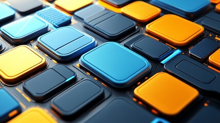 Obraz premium A vibrant composition of colorful 3D buttons in blue, orange, and black hues, ideal for technology and digital design themes.