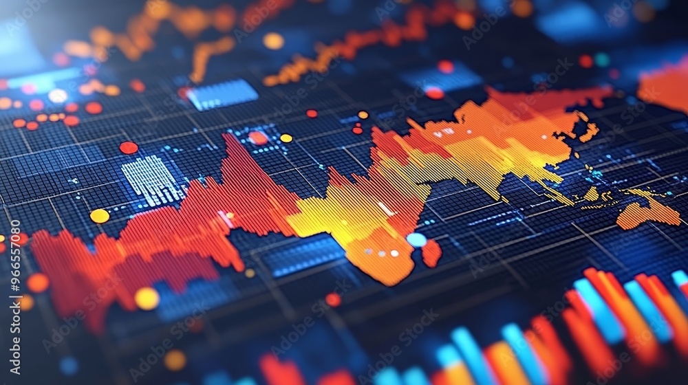 Poster an abstract representation of financial data analytics with vibrant charts and graphs, showcasing ma