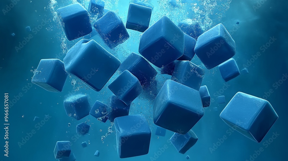 Poster an abstract composition of floating blue cubes submerged in clear water, creating a mesmerizing unde