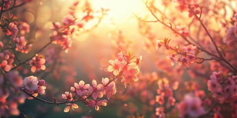 Pink blossoming orchard and enchanting sunset Branches of fruit trees in full bloom Stunning dusk scenery on aged paper background Vintage image style