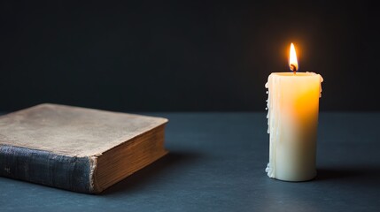 A tranquil scene featuring a lit candle and an old book on a dark background, perfect for themes of relaxation and reflection.