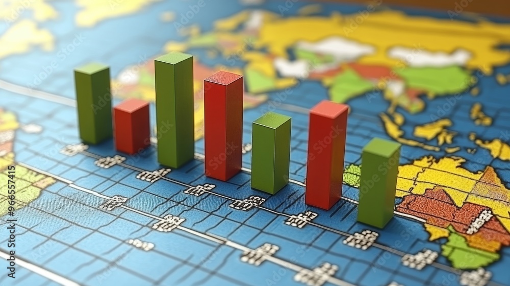Poster colorful bar graph on a world map background, illustrating growth and trends in global data analysis