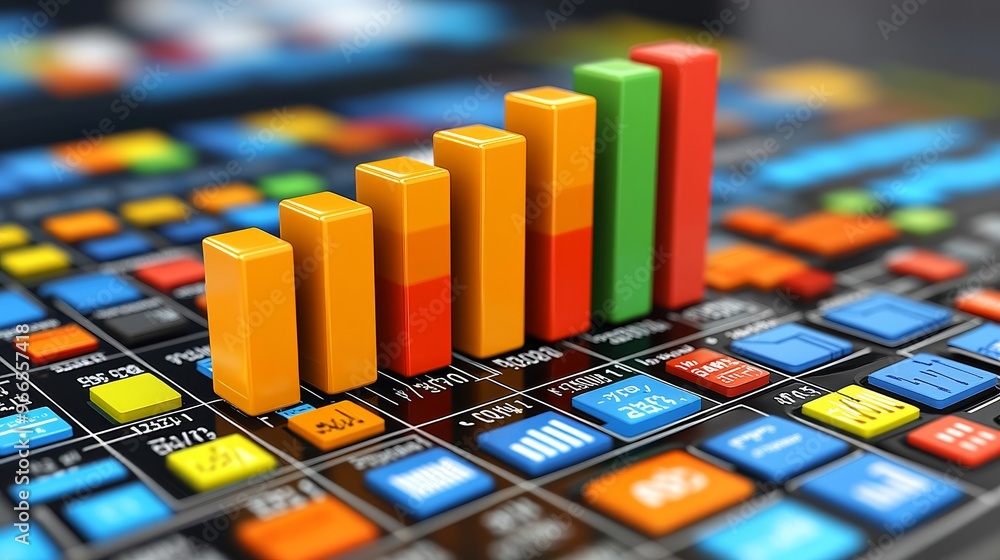 Poster colorful bar graph on a digital interface, representing data analytics and growth trends in business