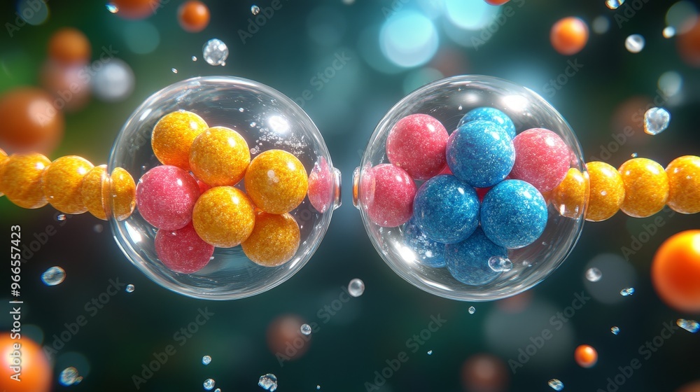Poster colorful atomic structure illustrating particles, nuclei, and scientific concepts in a vibrant, dyna
