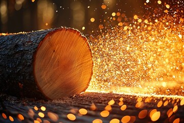 Golden Sparkles Erupting from a Cut Log