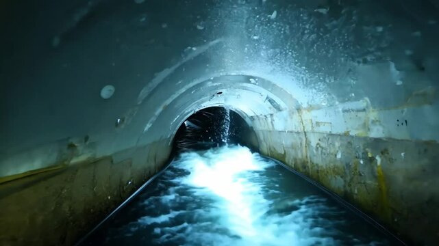Exploring underground waterways during an urban adventure in a tunnel full of flowing water at dusk