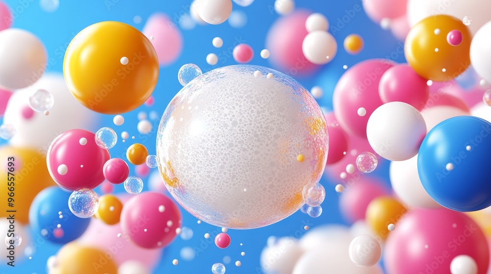 Aufkleber colorful spheres and bubbles floating in a vibrant blue background, creating a playful and dynamic a