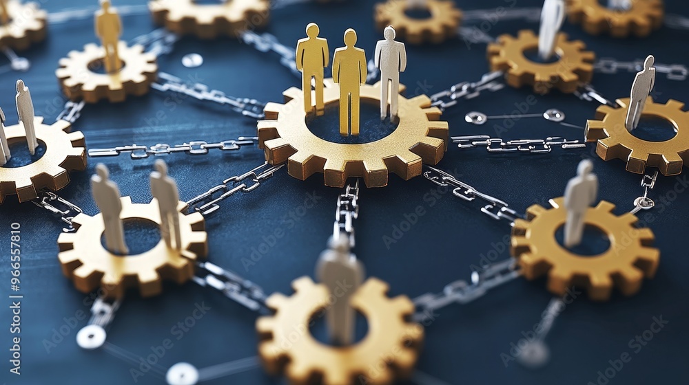 Poster conceptual image of teamwork and collaboration represented by gears and figures, symbolizing busines