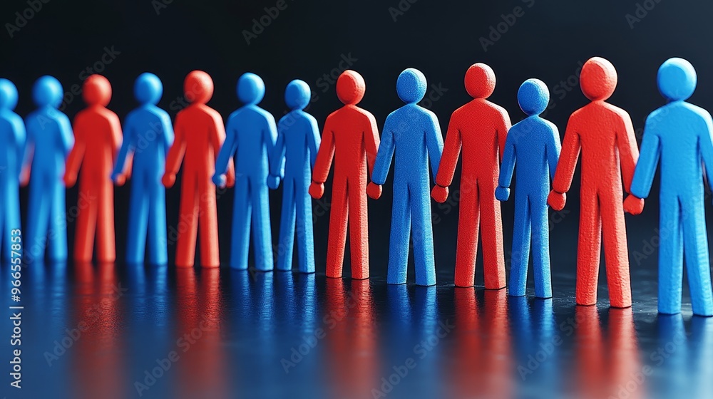 Poster diverse figurines in red and blue colors symbolize unity and division, showcasing a concept of teamw