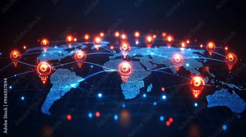 Poster dynamic global network illustration showcasing interconnected locations with nodes and lines in vibr