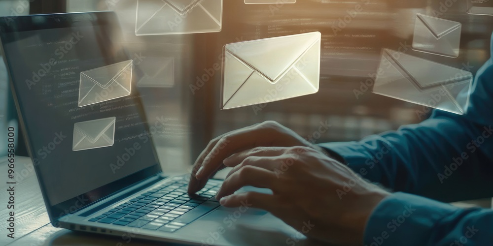 Poster businessman working with laptop sending email on virtual screen, email marketing concept, sending ma