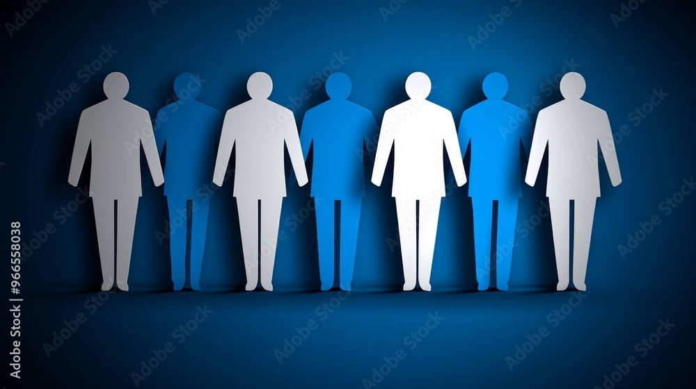 Poster silhouette of diverse individuals standing in a row against a blue background, representing unity an