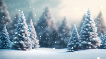 Fototapeta premium Beautiful christmas trees on abstract winter background, snow covered open winter landscape at snowfall, 3d illustration. Winter Wonderland. Illustration