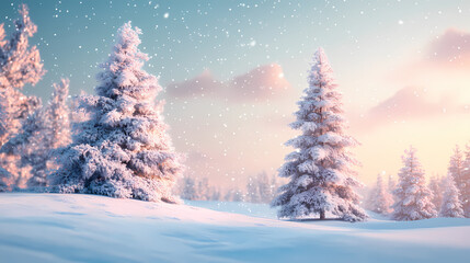 Beautiful christmas trees on abstract winter background, snow covered open winter landscape at snowfall, 3d illustration. Winter Wonderland. Illustration