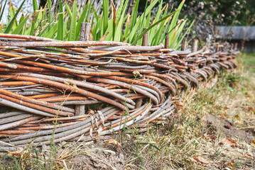 Close-up of old rustic wicker fence in the garden. Traditional handmade wattle fence in the village