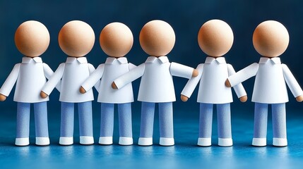 Six stylized figures in white shirts stand together, symbolizing teamwork, unity, and collaboration in a modern design.