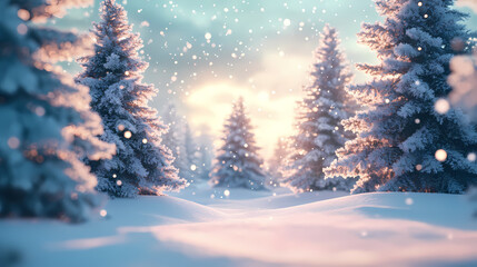 Beautiful christmas trees on abstract winter background, snow covered open winter landscape at snowfall, 3d illustration. Winter Wonderland. Illustration
