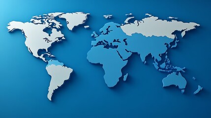 Obraz premium Stylish 3D map of the world in shades of blue on a simple backdrop, ideal for travel and geography themes.