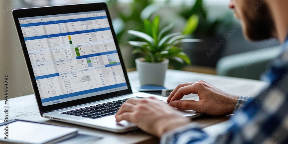 Aufkleber man using labtop , hand using laptop with virtual work schedule plan on screen