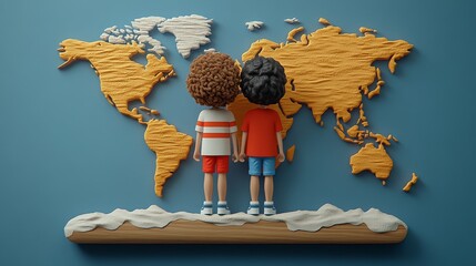 Two children observing a colorful world map, representing friendship, exploration, and childhood curiosity.
