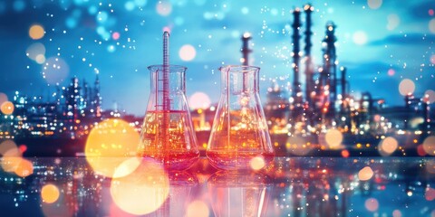 Fototapeta premium Double exposure of laboratory test tube and Oil refinery plant