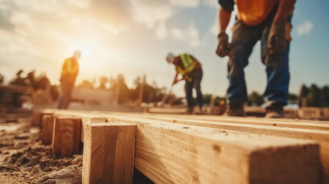 Building the Foundation: Workers Assemble Wooden Formwork for a New Home