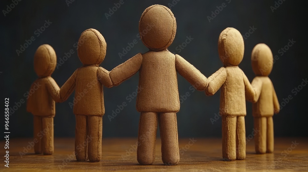Poster wooden figures representing teamwork and unity, holding hands in a circle symbolizing collaboration 