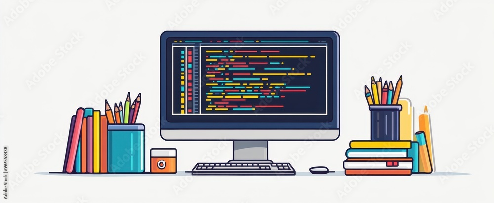 Poster modern workspace with computer displaying colorful code, surrounded by books and pencils for creativ