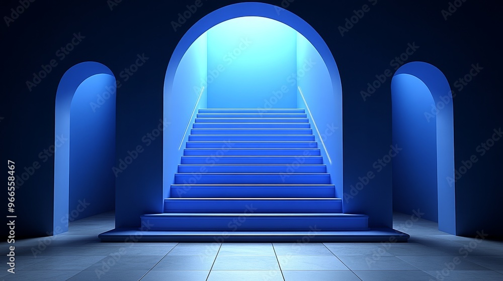 Poster a captivating blue lit staircase with arches, creating a serene and modern atmosphere for various ar