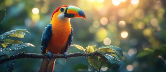 A Vibrant Toucan Perched on a Branch in a Tropical Forest