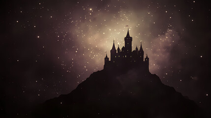 A castle on top of a hill in the night sky grainy background. Sky Castle. Illustration