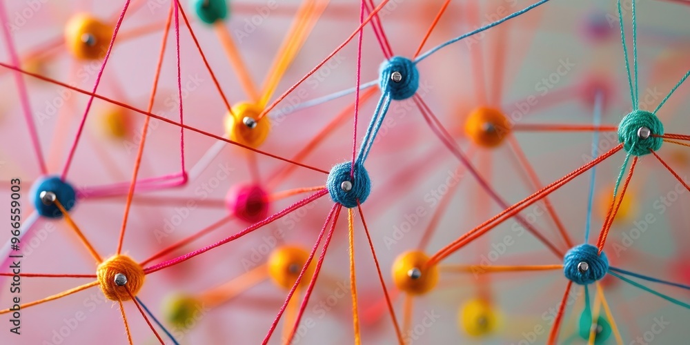 Poster Web-like connection of colored yarn strung between nails, representing network concepts.