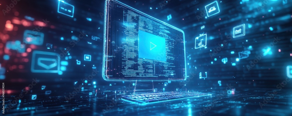 Poster futuristic computer with digital icons floating in virtual space for technology and innovation the b