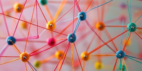 Web-like connection of colored yarn strung between nails, representing network concepts.