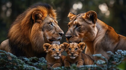 Lion couple containing an adult female and adult male and their 2 sweet cubs affectionate with their parents
