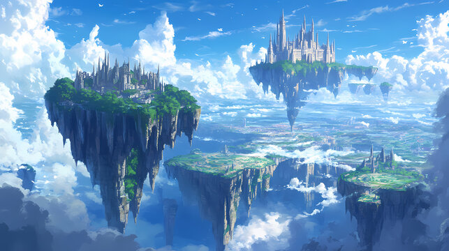 An anime fantasy world with floating islands and a grand castle in the distance. Sky Castle. Illustration