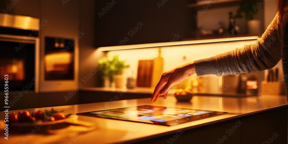 Poster a person in a modern kitchen uses a touch-screen device to regulate lighting and temperature, crafti