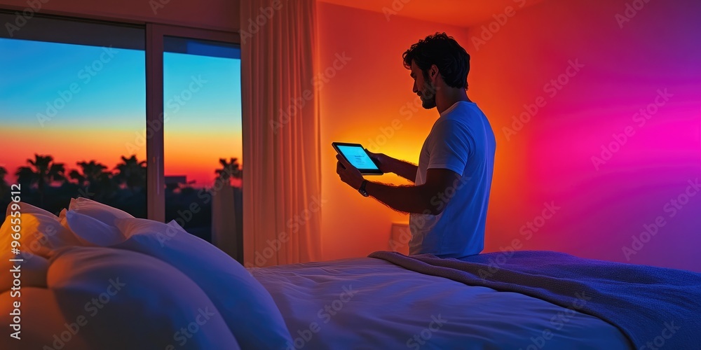 Poster a man in a contemporary bedroom uses a touch-screen device to adjust the lighting and temperature, c